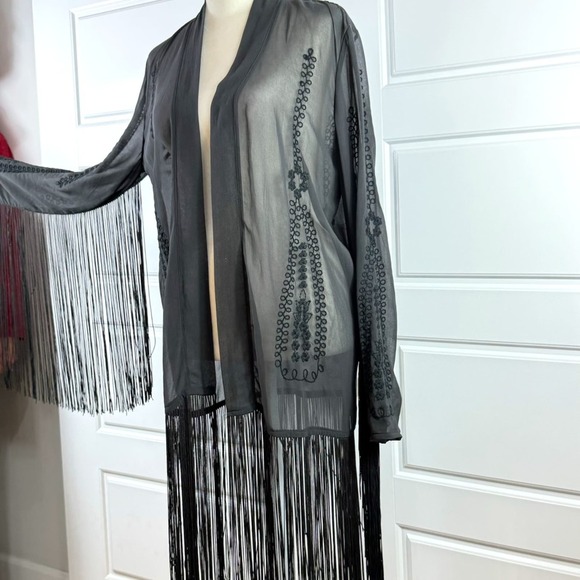 H&M Black Sheer Embroidered Open Kimono Cover up Open Jacket Large - Picture 6 of 10